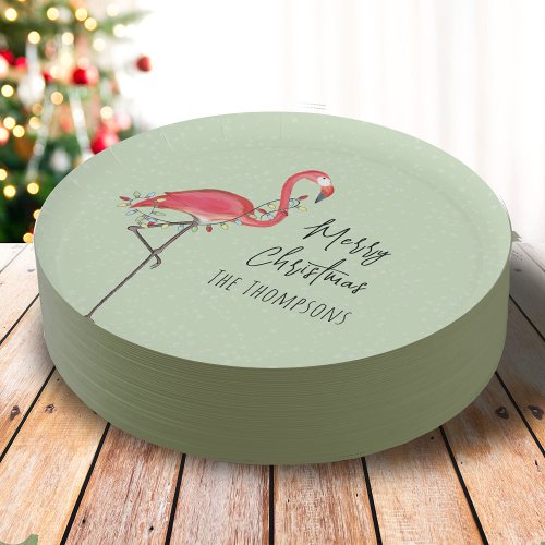 Merry Christmas Holiday Party Lights Pink Flamingo Paper Plates