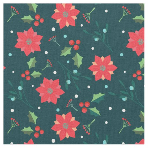 Merry Christmas Holiday Poinsettia Holly Pattern Fabric