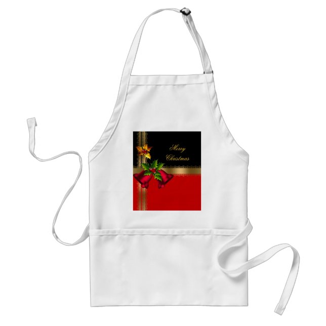 Merry Christmas Holiday Red Bells Black Gold Adult Apron (Front)