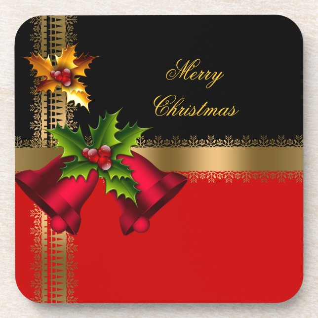 Merry Christmas Holiday Red Bells Black Gold Drink Coaster (Front)