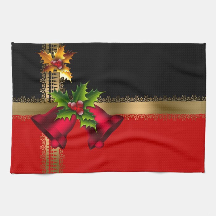 Merry Christmas Holiday Red Bells Black Gold Hand Towels