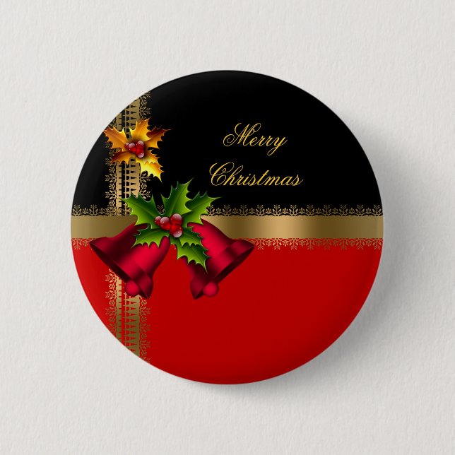 Merry Christmas Holiday Red Bells Black Gold Pinback Button (Front)