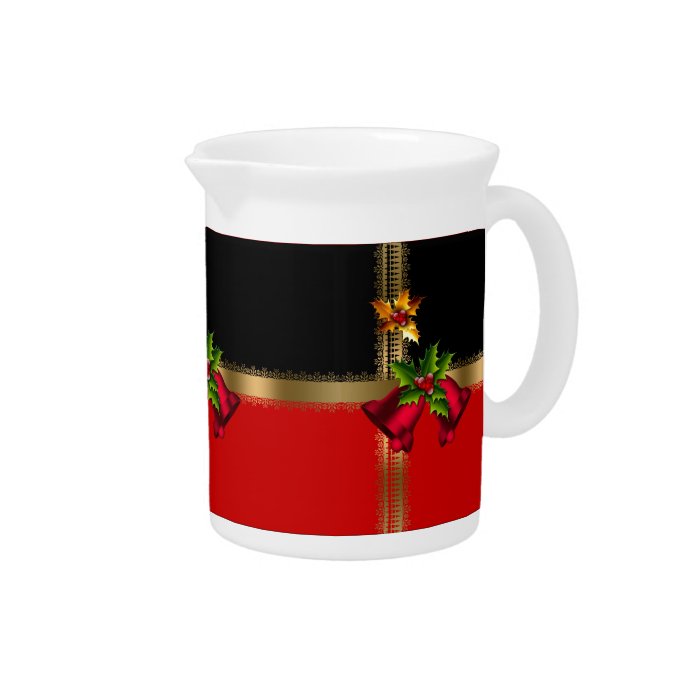 Merry Christmas Holiday Red Bells Black Gold Drink Pitcher