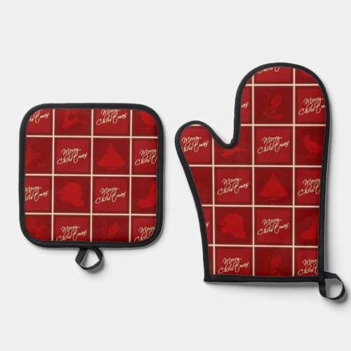 Merry Christmas Holiday Red Plaid  Oven Mitt  Pot Holder Set