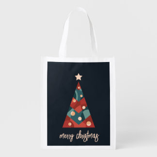 Merry Christmas holiday seasonal art xmas tree  Grocery Bag