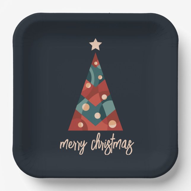 Merry Christmas holiday seasonal art xmas tree  Paper Plates (Front)