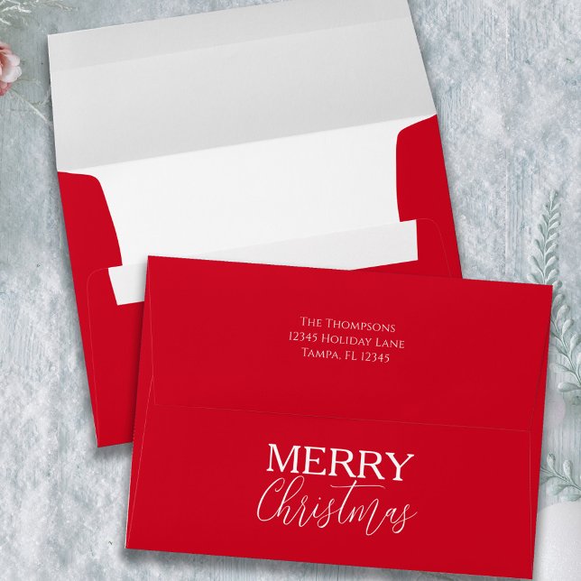 Merry Christmas Holiday Simple Calligraphy Script Envelope (Merry Christmas red and white envelope. With return address printed)