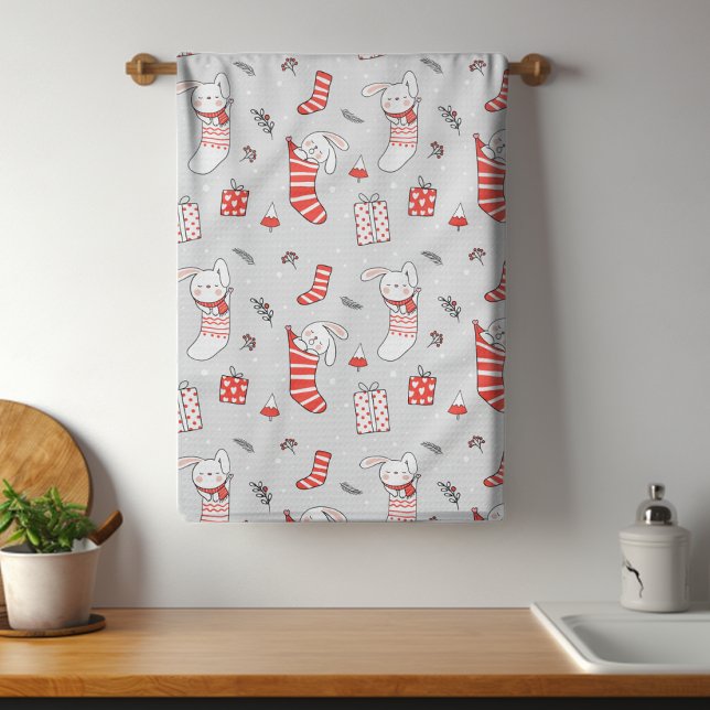 Merry Christmas Holiday Stocking Cats and Rabbits Kitchen Towel (Creator Uploaded)