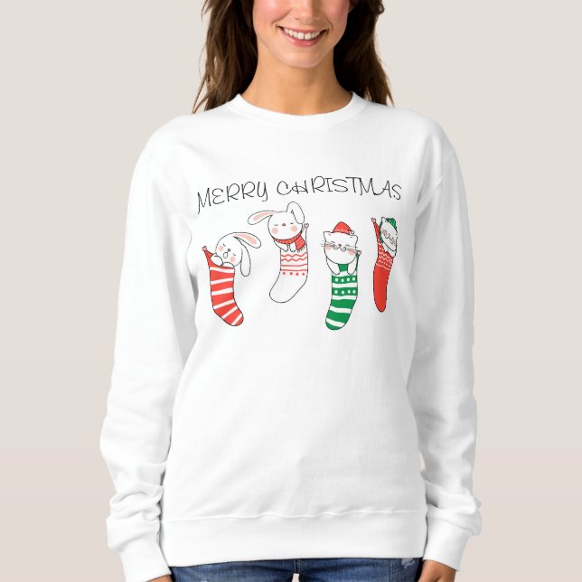 Merry Christmas Holiday Stocking Cats and Rabbits Sweatshirt (Front)