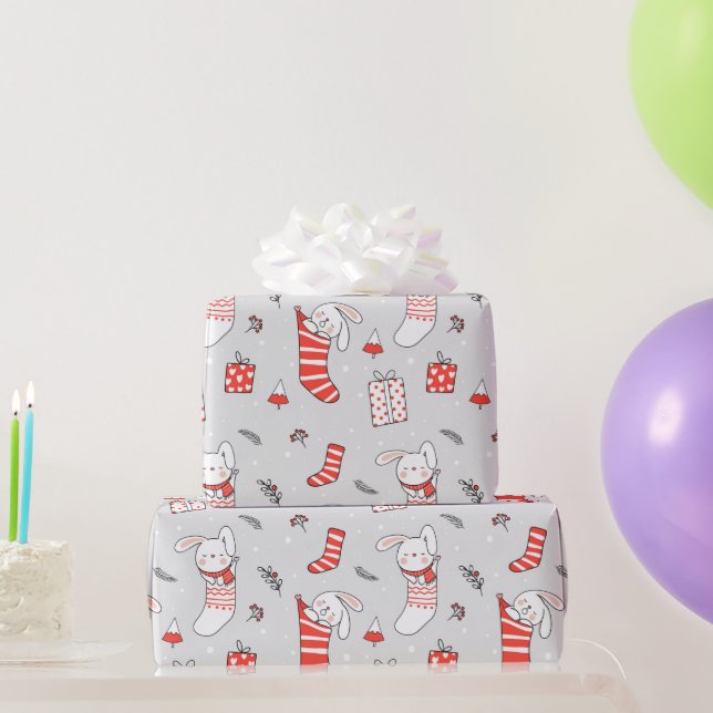 Merry Christmas Holiday Stocking Cats and Rabbits Wrapping Paper (Party Gifts)