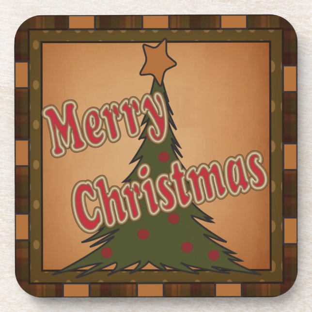 Merry Christmas Holiday Tree Beverage Coaster (Front)