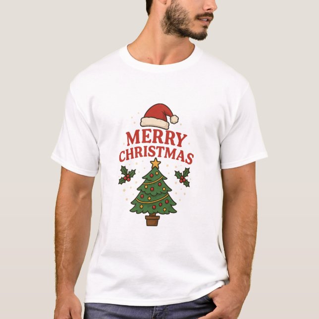 Merry Christmas Holiday Tree & Santa Hat Festive  T-Shirt (Front)