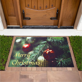 Merry Christmas Holiday Tree with Red Ornaments Doormat