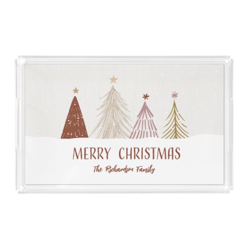 Merry Christmas Holiday Trees Family Welcome Chic Acrylic Tray