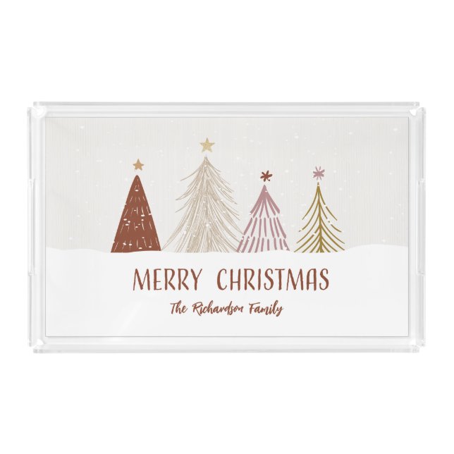 Merry Christmas Holiday Trees Family Welcome Chic Acrylic Tray (Front)