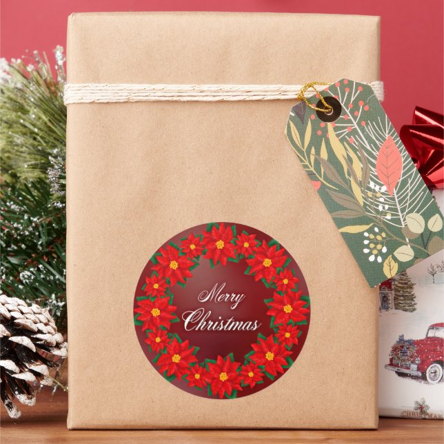 Merry Christmas Holiday Wreath Classic Round Sticker (Holiday)