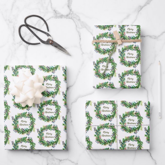 Merry Christmas Holiday Wreath Wrapping Paper Sheets (Front)