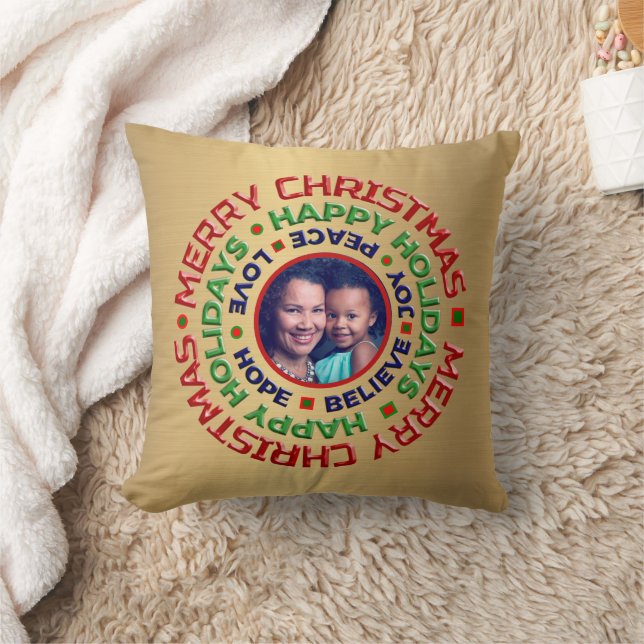Merry Christmas Holidays Family Photo Personalize Throw Pillow (Blanket)