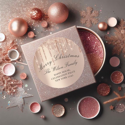 Merry Christmas Holidays RSVP Rose Gold Drips Classic Round Sticker