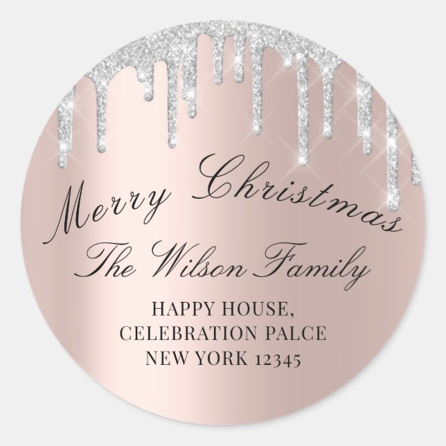 Merry Christmas Holidays RSVP Rose Gray Silver Classic Round Sticker (Front)