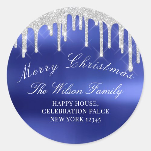 Merry Christmas Holidays RSVP Silver Royal Blue Classic Round Sticker
