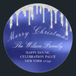 Merry Christmas Holidays RSVP Silver Royal Blue Classic Round Sticker<br><div class="desc">florenceK design</div>