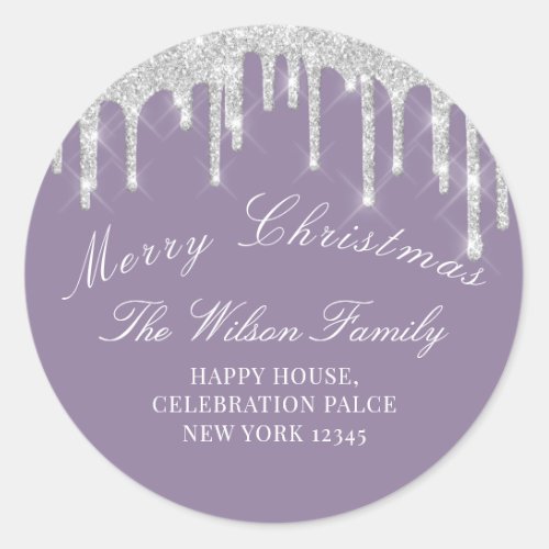 Merry Christmas Holidays RSVP Smoky Purple Silver Classic Round Sticker