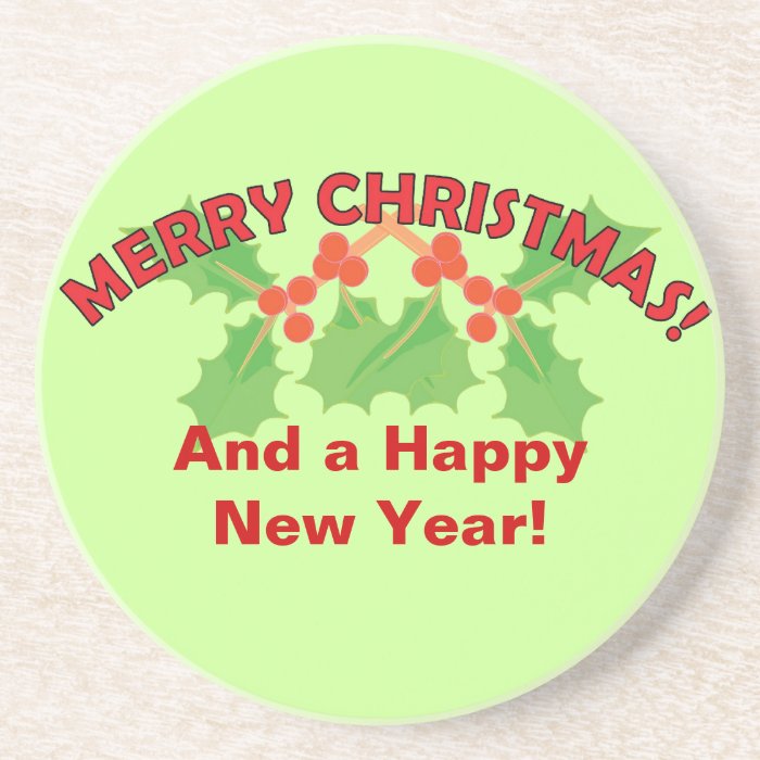 Merry Christmas Holly and Berries Beverage Coaster