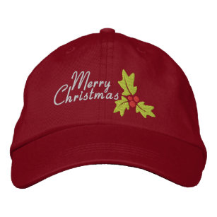 Merry Christmas Holly And Berries Embroidered Baseball Hat