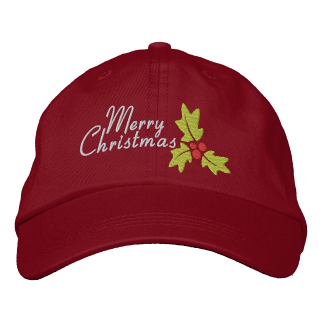 Merry Christmas Holly And Berries Embroidered Baseball Hat (Front)
