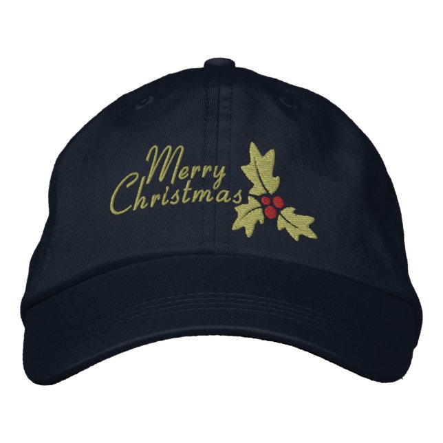 Merry Christmas Holly And Berries Embroidered Baseball Hat (Front)