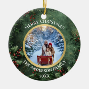 Merry Christmas Holly and Berries Family Ceramic  Ornament