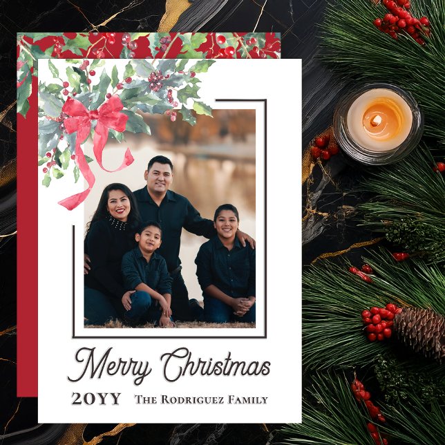 Merry Christmas Holly and Berry Greenery Letterpress Photo Cards ("Merry Christmas" Holly and Berry Greenery Holiday Letterpress Photo Cards - Black White Red)