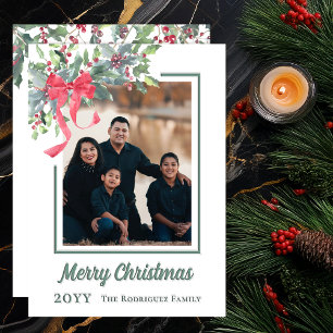 Merry Christmas Holly and Berry Greenery Letterpress Photo Cards