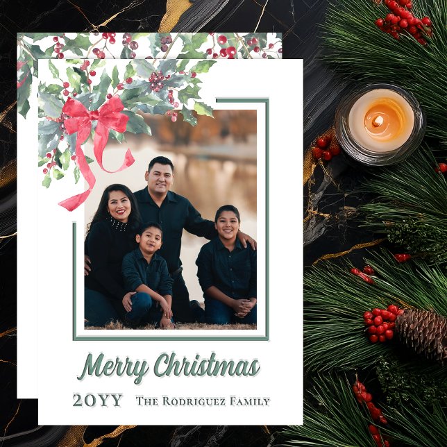 Merry Christmas Holly and Berry Greenery Letterpress Photo Cards ("Merry Christmas" Holly and Berry Greenery Holiday Letterpress Photo Cards - Sage on White)