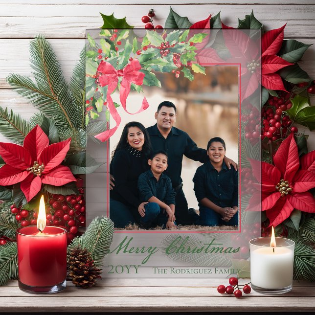 Merry Christmas Holly and Berry Greenery Photo Acrylic Invitations ("Merry Christmas" Holly and Berries with Big Red Bow Photo Acrylic Christmas Holiday Photo Card)
