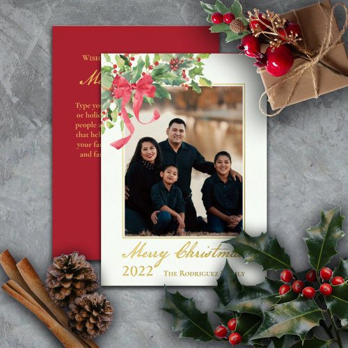Merry Christmas Holly and Berry Greenery Photo Foi Foil Holiday Card