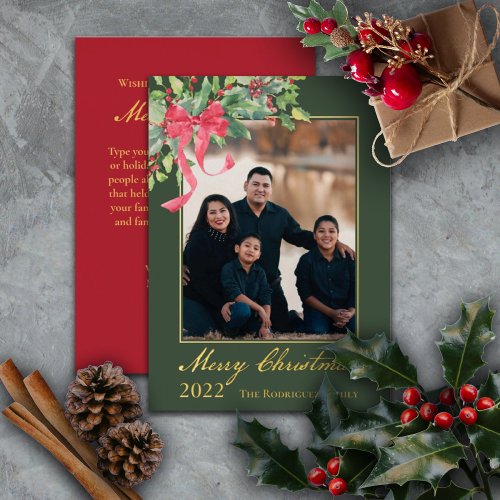 Merry Christmas Holly and Berry Greenery Photo Foil Holiday Card