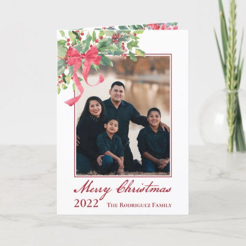 Merry Christmas Holly and Berry Greenery Photo  Holiday Card
