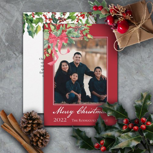Merry Christmas Holly and Berry Greenery Photo Holiday Card