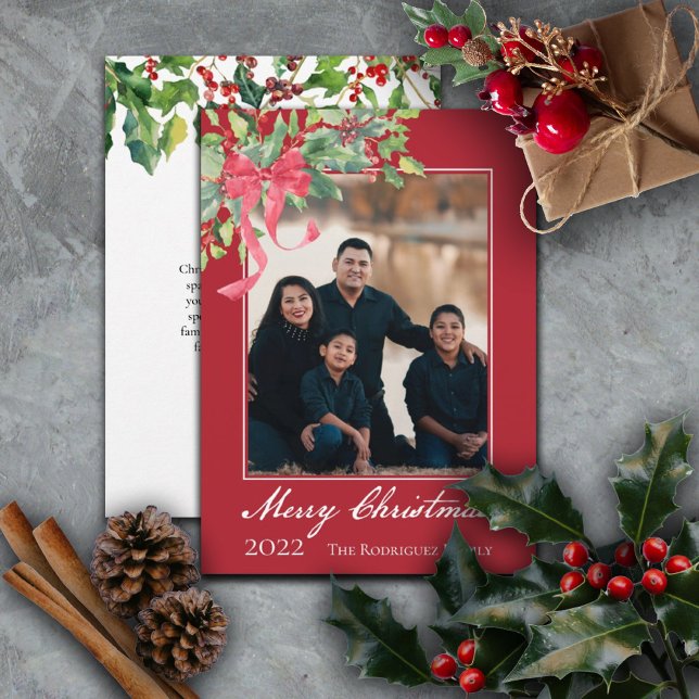 Merry Christmas Holly and Berry Greenery Photo Holiday Card (Creator Uploaded)