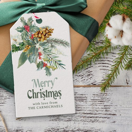 Merry Christmas Holly and Pine Bouquet Gift Tag
