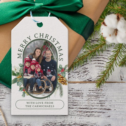 Merry Christmas Holly and Pine Family Photo Gift Tags