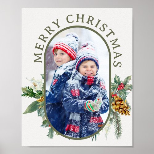Merry Christmas Holly and Pine Lozenge Shape Photo Poster