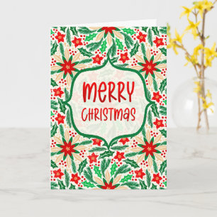 Merry Christmas Holly and Poinsettia Botanical Card