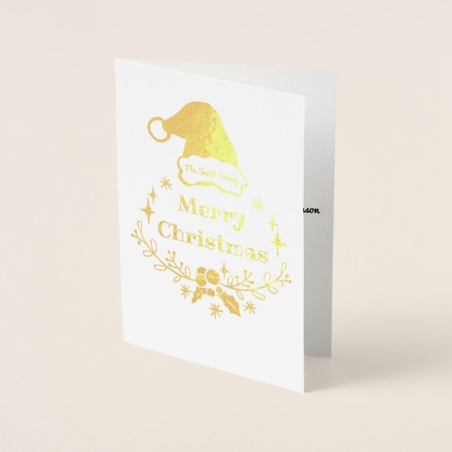 Merry Christmas Holly and Santa Hat Foil Card (Front)