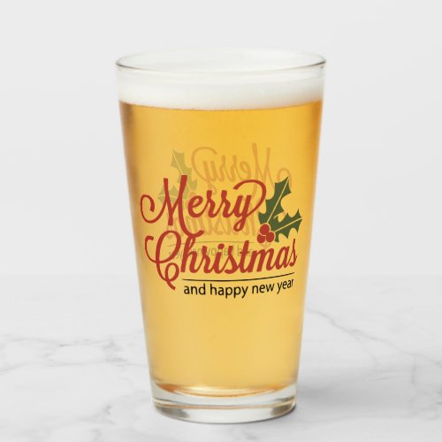 Merry Christmas Holly Beer Glass