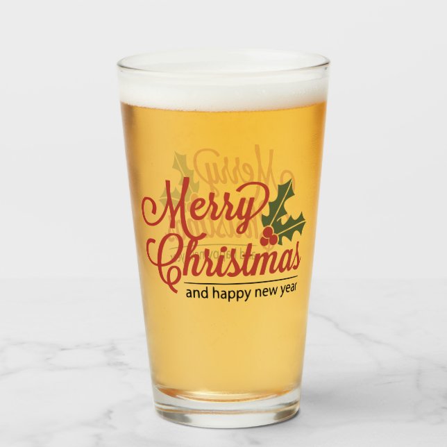 Merry Christmas Holly Beer Glass (Front Filled)