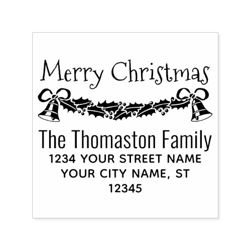 Merry Christmas Holly  Bells Name Return Address Self_inking Stamp