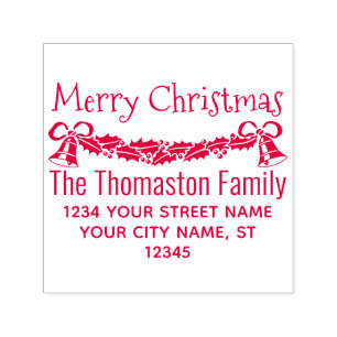 Merry Christmas Holly & Bells Name Return Address Self-inking Stamp